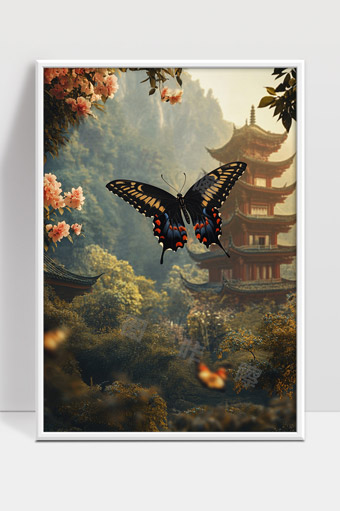 蝴蝶飞舞古塔花间山林宁静自然美景
