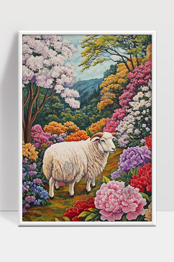 春日山间绵羊漫步花海美丽风景画
