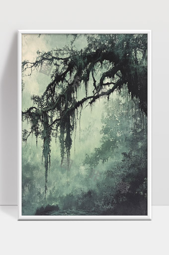 幽深雾霭古树下的神秘森林景象