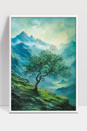 苍翠山间孤独古树云雾缭绕自然风光画