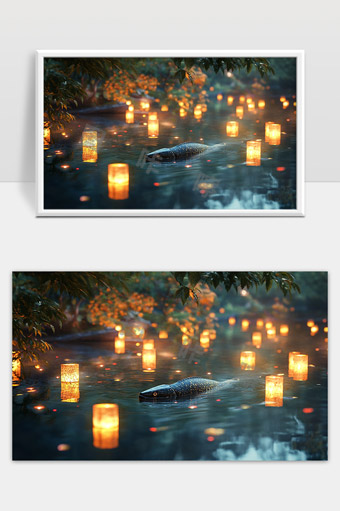 水面漂浮灯笼映照静谧夜晚神秘湖中异兽