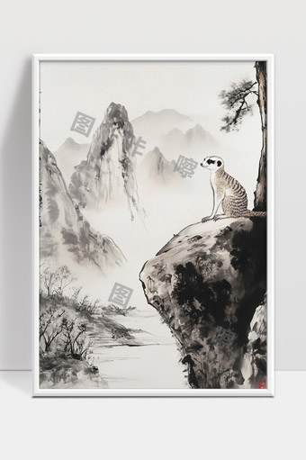水墨山水中细心观察的狐獴守望远方自然之美