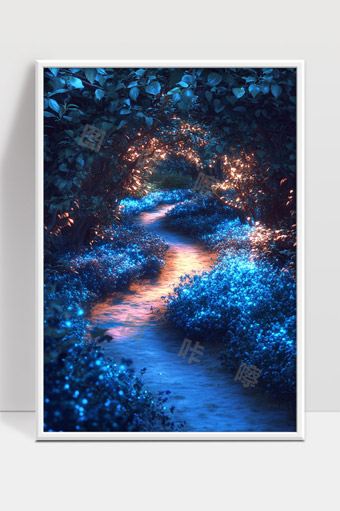 梦幻蓝色花海中的森林小径光影交织温暖神秘