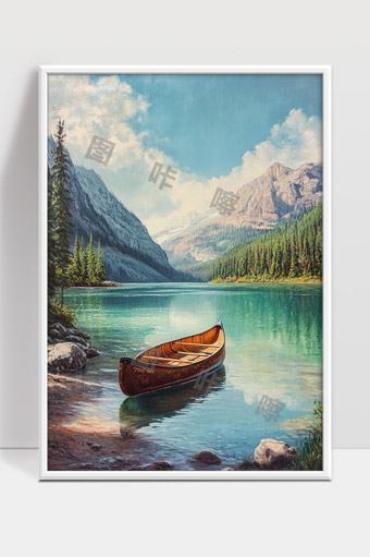 宁静湖面上的独木舟与苍翠山林美景