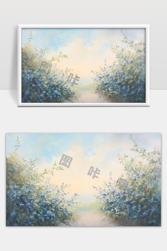 晨光中静谧花丛蓝色花朵自然风景油画