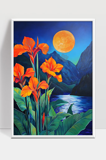 月光映照下的火焰花与静谧山水夜景