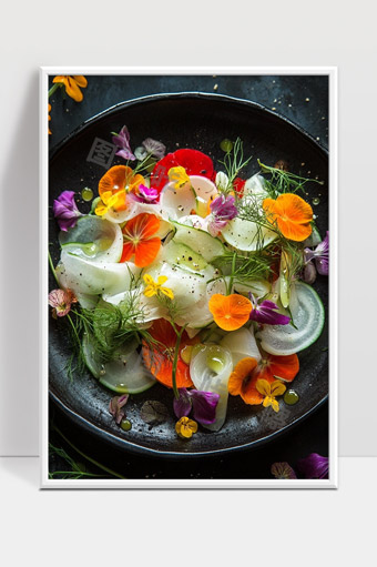 色彩缤纷花卉蔬菜沙拉艺术摆盘美食