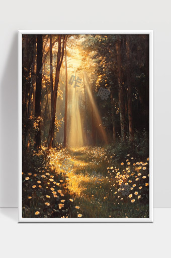 阳光穿透森林花海中的宁静小径美景