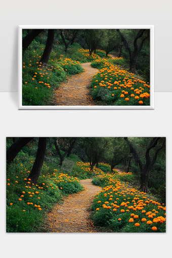 森林小径旁灿烂的橙色花海美丽自然风景