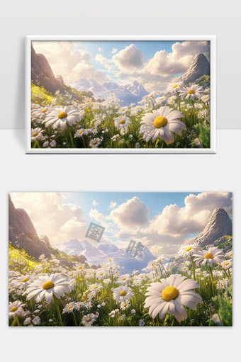 阳光下的高山雏菊花海与蓝天白云美景