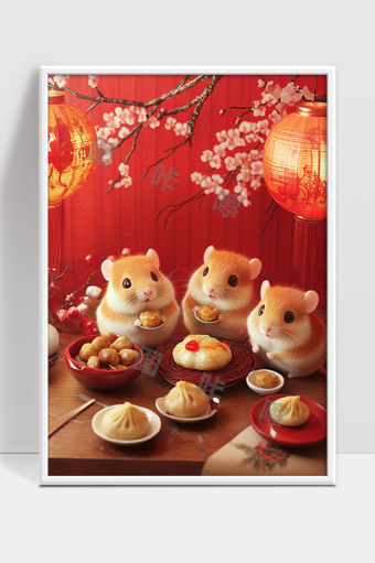春节小仓鼠团圆宴温馨中华传统美食节庆氛围