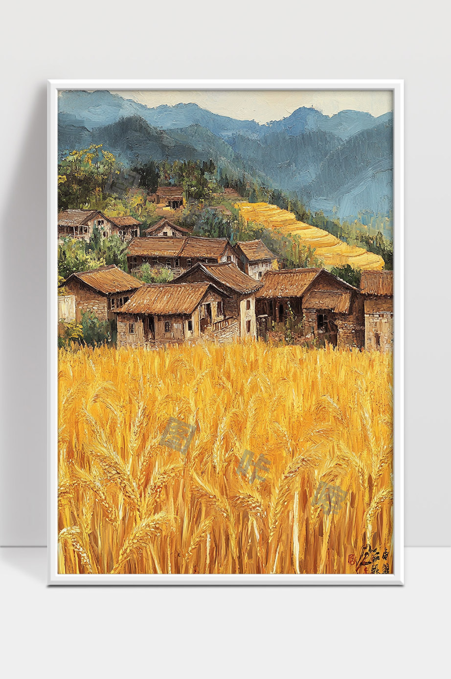 金秋丰收季节农村麦田与古朴民居美丽山村风光