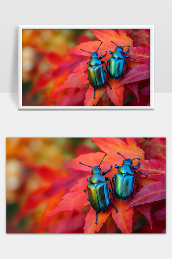 蓝色甲虫栖息秋日红枫叶上的自然美景
