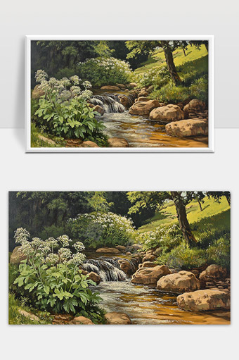 静谧山间溪流绿树花草自然风光