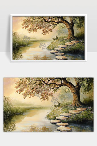静谧河畔古树下的石阶晨光唯美风景画