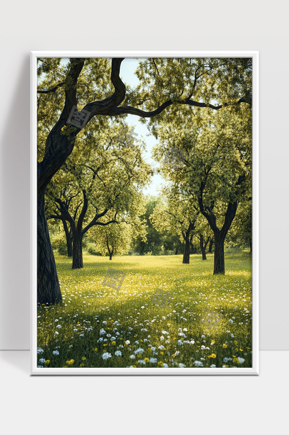 阳光洒落下的春季林间花海美景