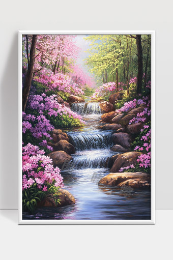 春天山间溪流绽放粉色花海美丽风景画