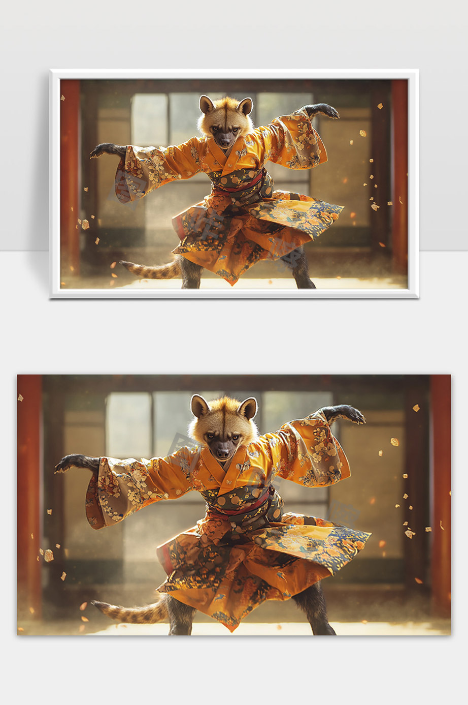穿着和服的灵动狸花妖怪在古风场景中舞动