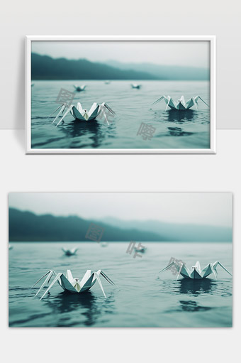 纸鹤漂浮湖面静谧山水间如梦似幻的自然风光
