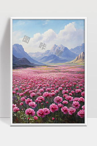 壮丽山谷中盛开的粉色花海与蓝天白云