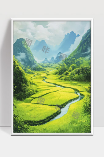 绿野田园间蜿蜒溪流环绕群山风光如画
