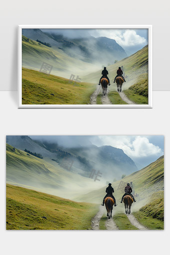 青山绿谷晨雾中两骑士策马驰骋美丽自然风光