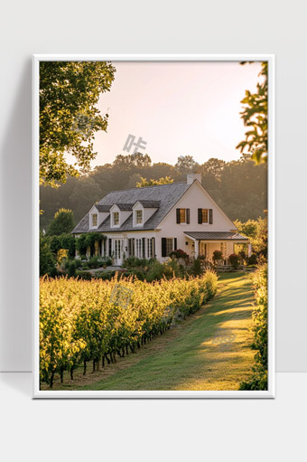 阳光下乡村别墅与葡萄园的宁静景致