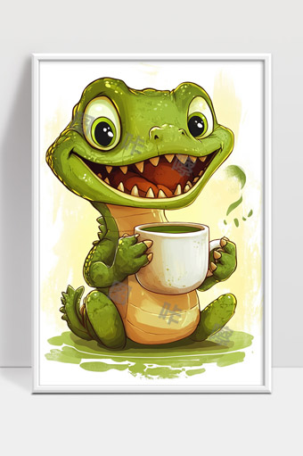 可爱卡通鳄鱼形象手握咖啡杯温馨插画