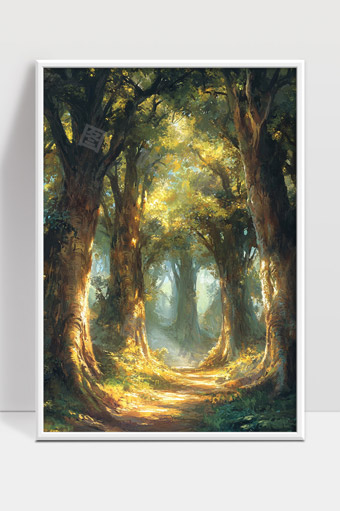 阳光穿透森林古树环绕神秘幽静小径