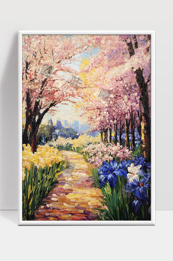春日花园小径盛开多彩鲜花油画画作