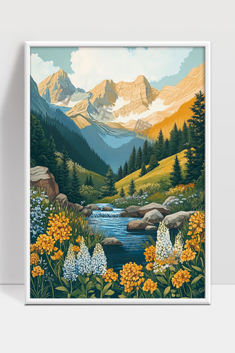 静谧山谷溪流与花海交织的自然风光美景