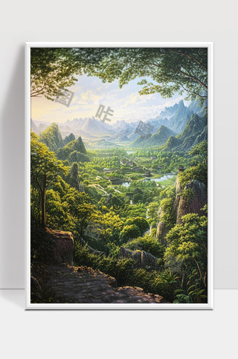 壮丽山谷绿树河流阳光普照自然风光画卷