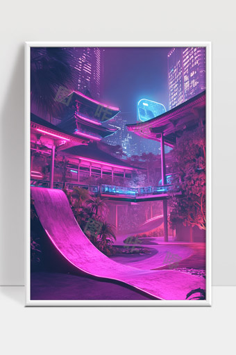 霓虹灯映照下的未来都市古建筑夜景