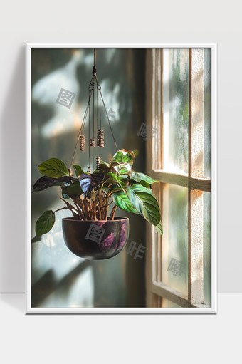 阳光洒落下的吊挂绿植室内静谧时光