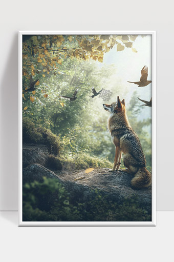 森林中静谧的狼与飞鸟共舞自然之美
