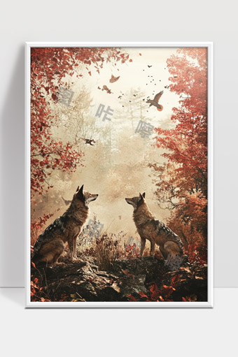 秋日森林中两只狼凝望飞鸟宁静自然画面