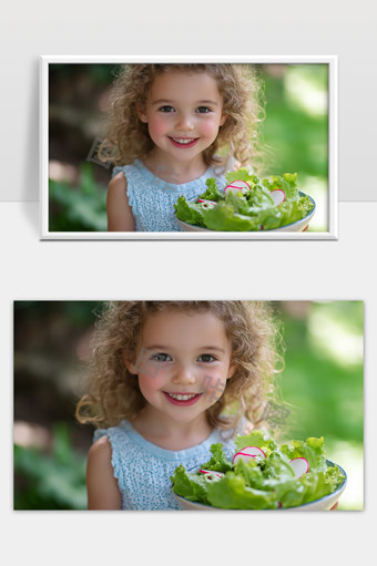 开心小女孩手捧新鲜绿色蔬菜沙拉健康饮食