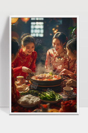 温馨团聚喜庆气氛中国传统火锅美食佳节时刻