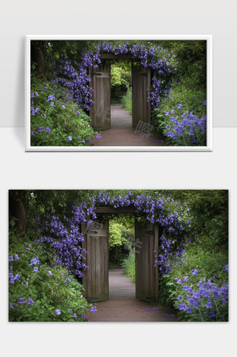 静谧花园中的木门与紫色花海景致