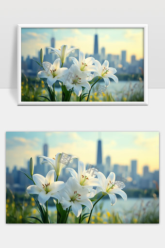 城市背景下盛开的洁白百合花朵美丽自然风景