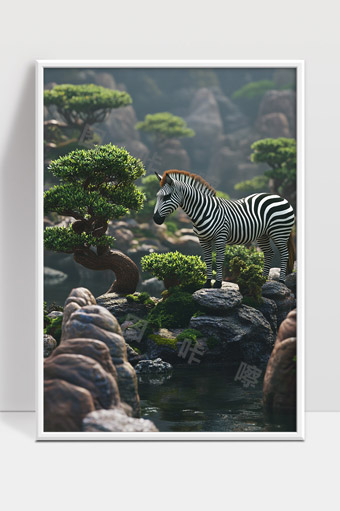 山间静谧的斑马与奇异绿树共舞景象