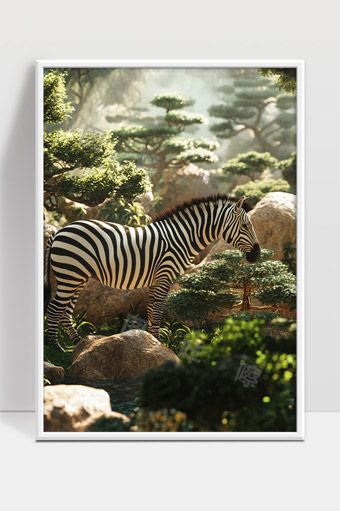 自然环境中斑马悠闲漫步绿树岩石环绕