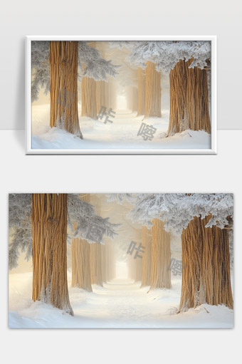 雪中森林红木树冬日静谧自然风光