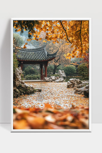 秋日古典庭院景致落叶满地宁静美景