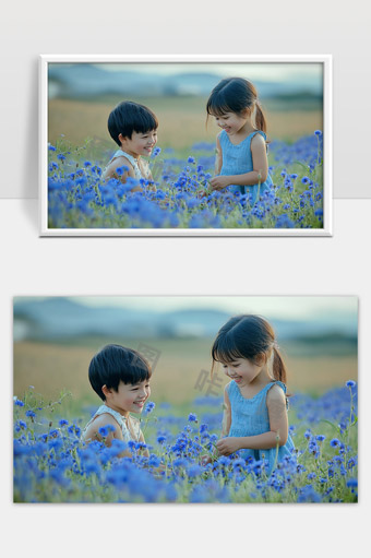 童年笑语花海中快乐的男孩女孩自然清新画面