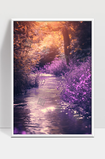 梦幻紫色花海中的静谧溪流晨光之美