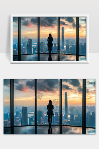 都市高楼观景台夕阳下俯瞰城市风光美丽剪影