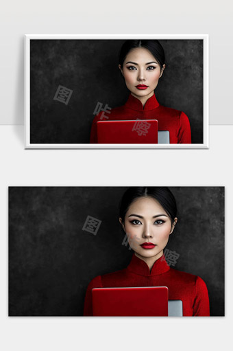 深邃眼神女性红色服装现代都市魅力写真