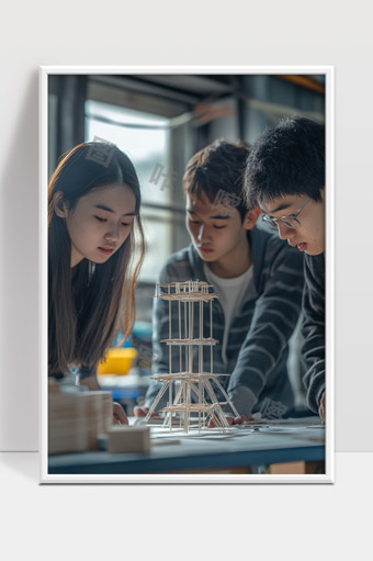 三名学生专注设计木质建筑模型实践课堂