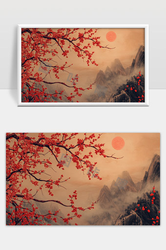 东方古风梅花映红日山水意境画